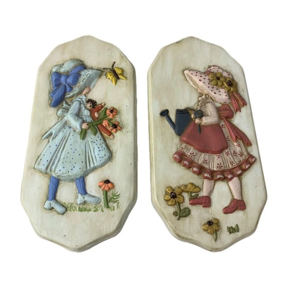 Original A Anuot Other - Pair Vintage Ceramic Wall Hangings - Little Girls